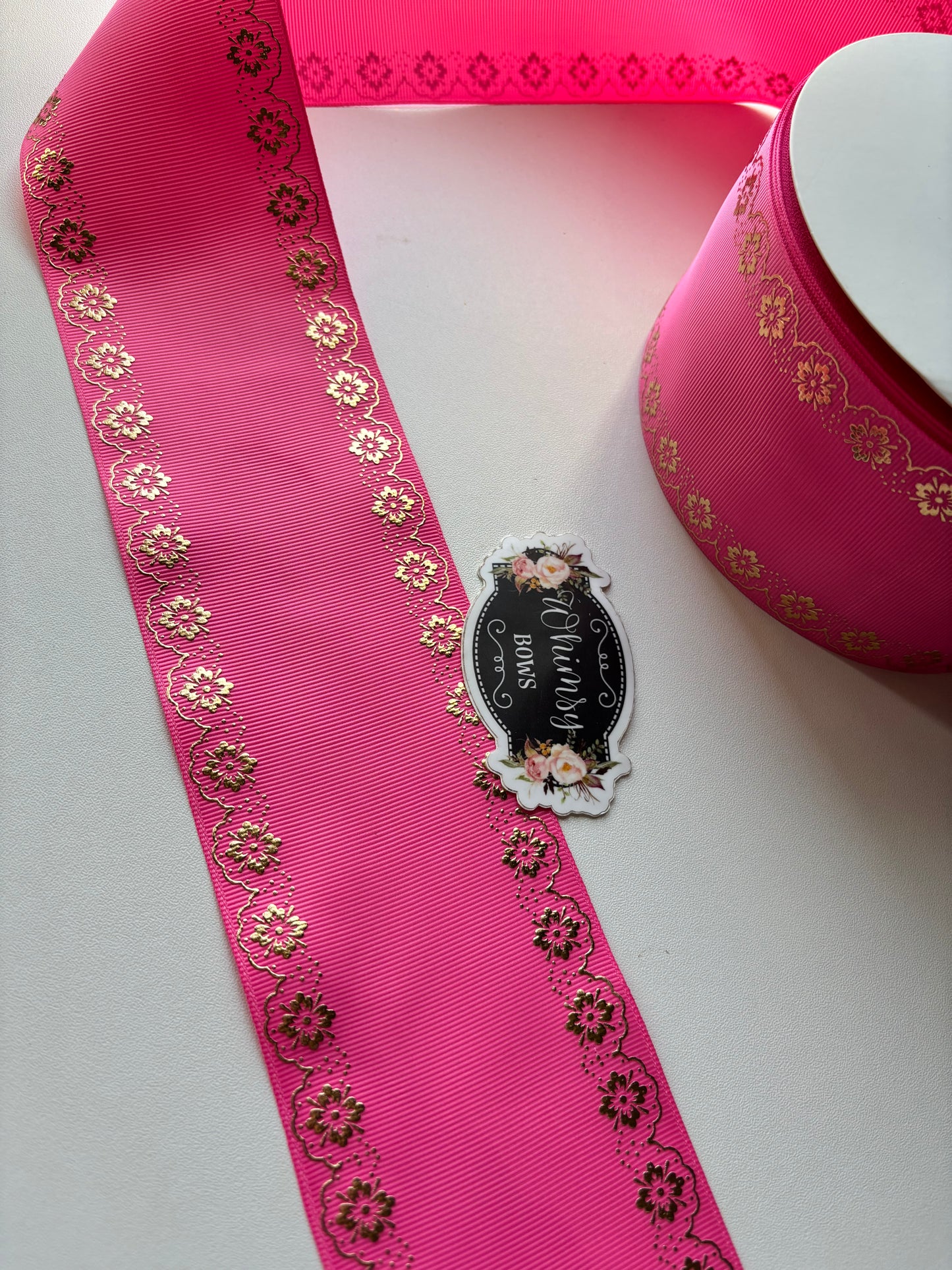 HOT PINK FOIL BORDER 3INCH RIBBON