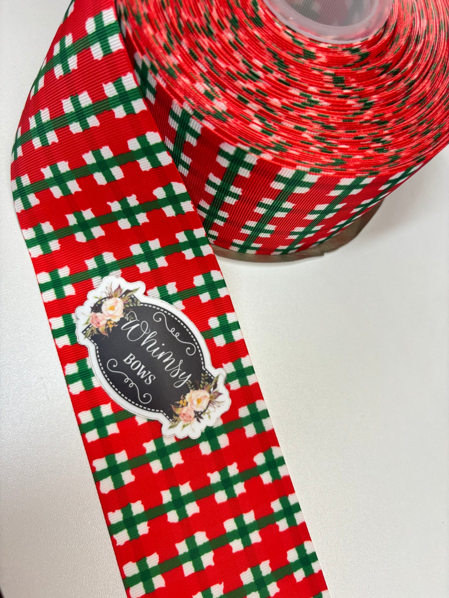 RED WITH GREEN PLAID 3 inch GROSGRAIN RIBBON