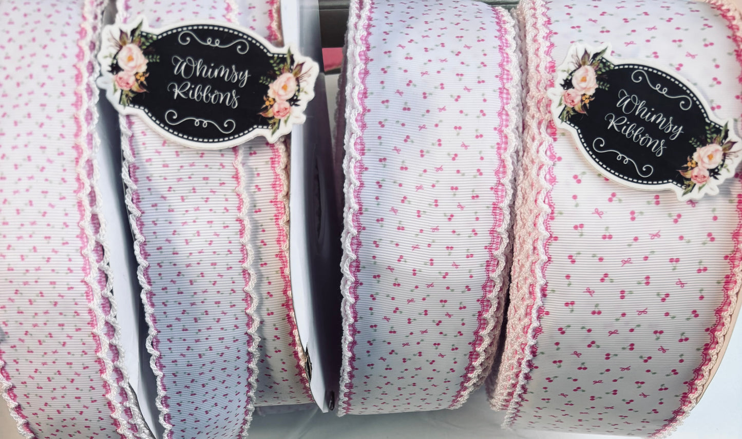 2 inch DAINTY CHERRIES W BOWS W WHITE STITCHING RIBBON -1 yard