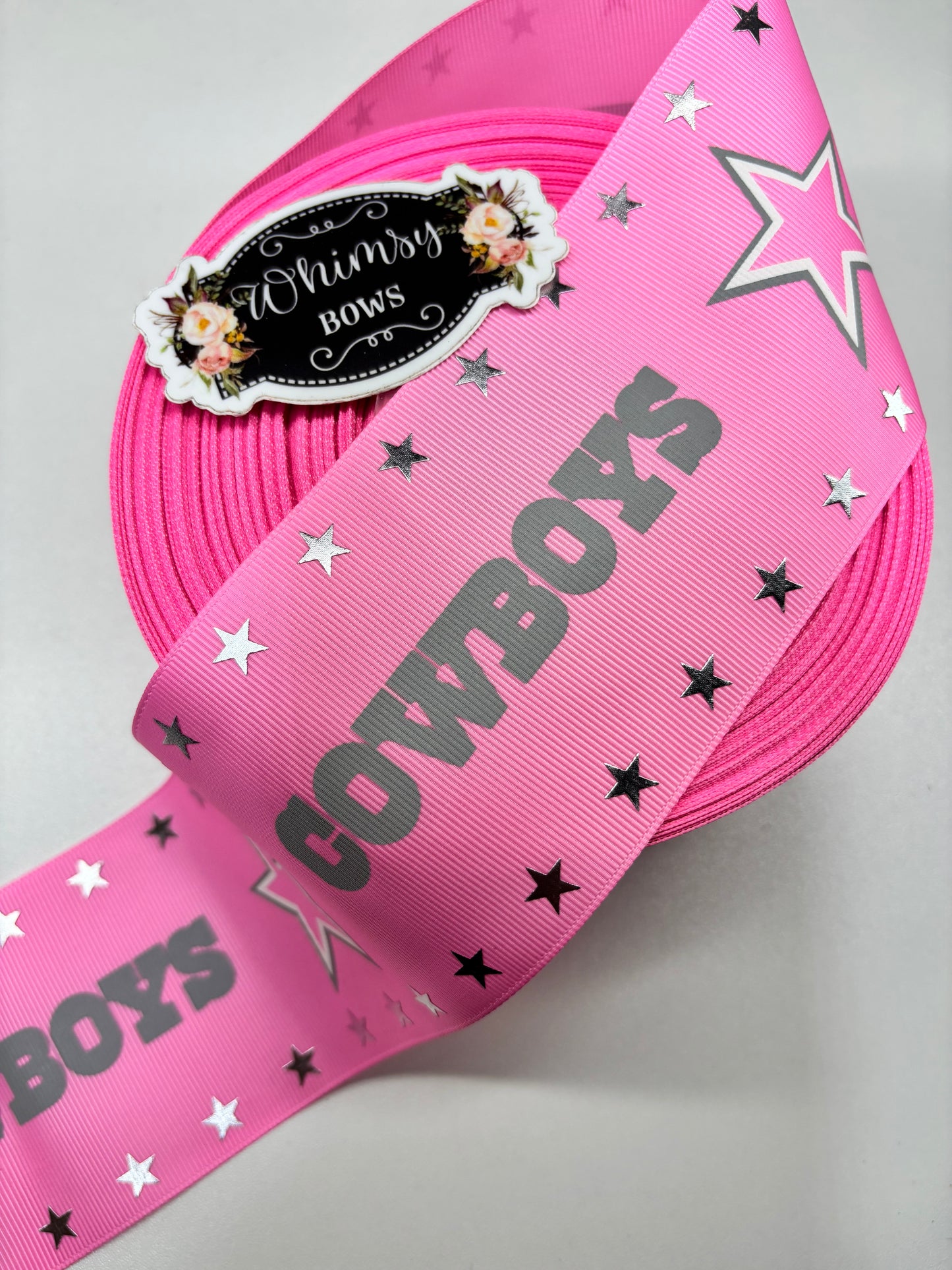 DALLAS PINK FOIL 3 inch GROSGRAIN RIBBON