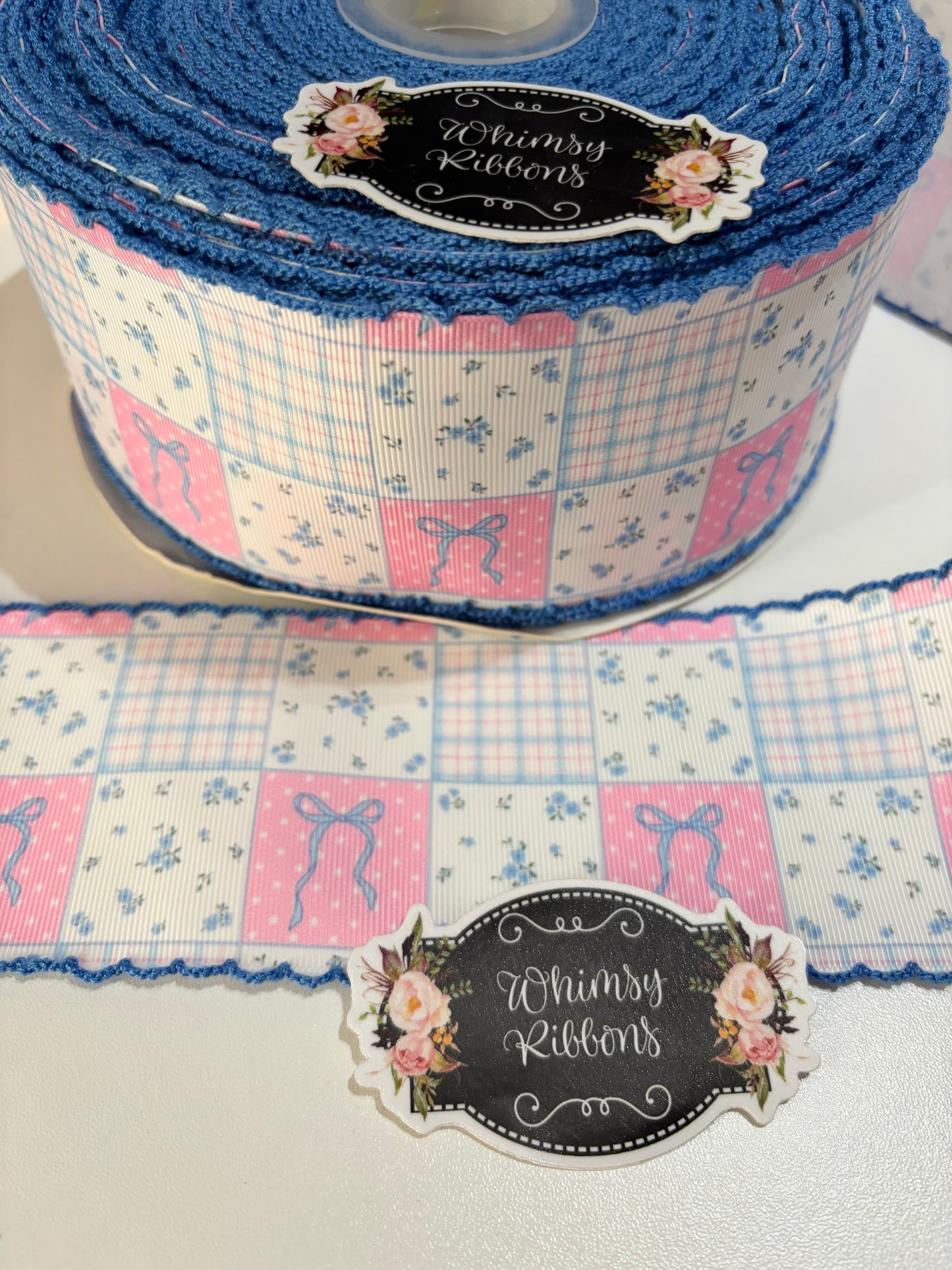 2 INCH BOWS W FLORAL BLUE TONES PRINTED RIBBON W GERANIUM STITCHING RIBBON -1 yard