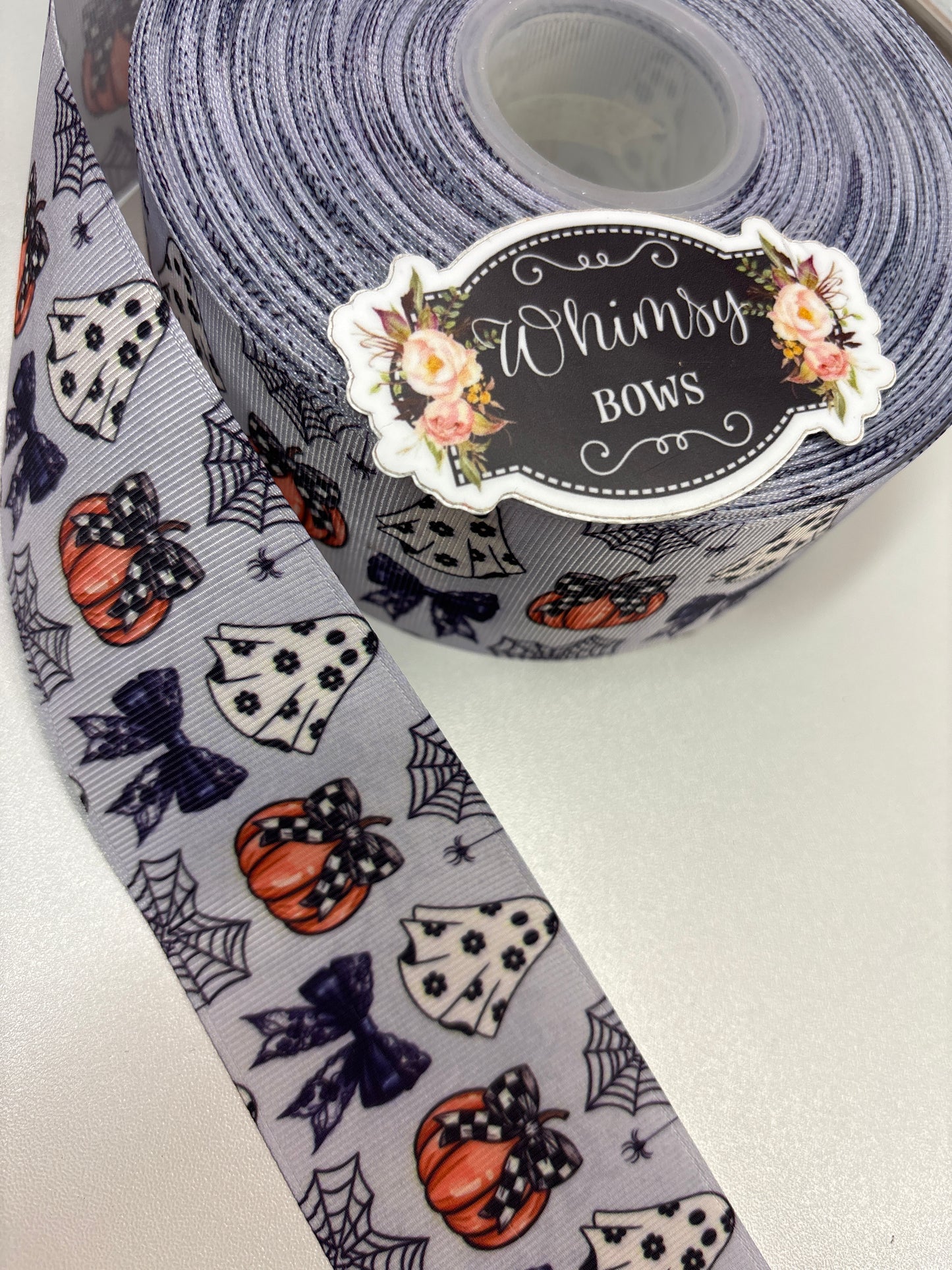 CUTE GHOST WITH PUMPKIN 3 INCH RIBBON