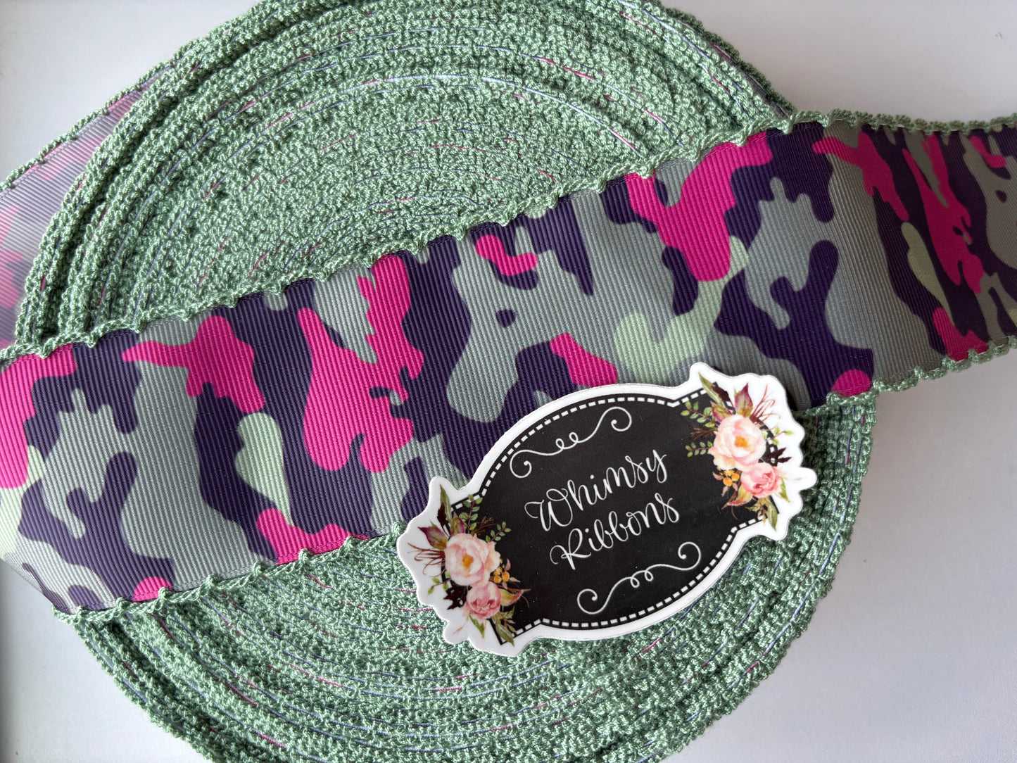 3 INCH GREEN AND PINK CAMO w SAGE STITCHING