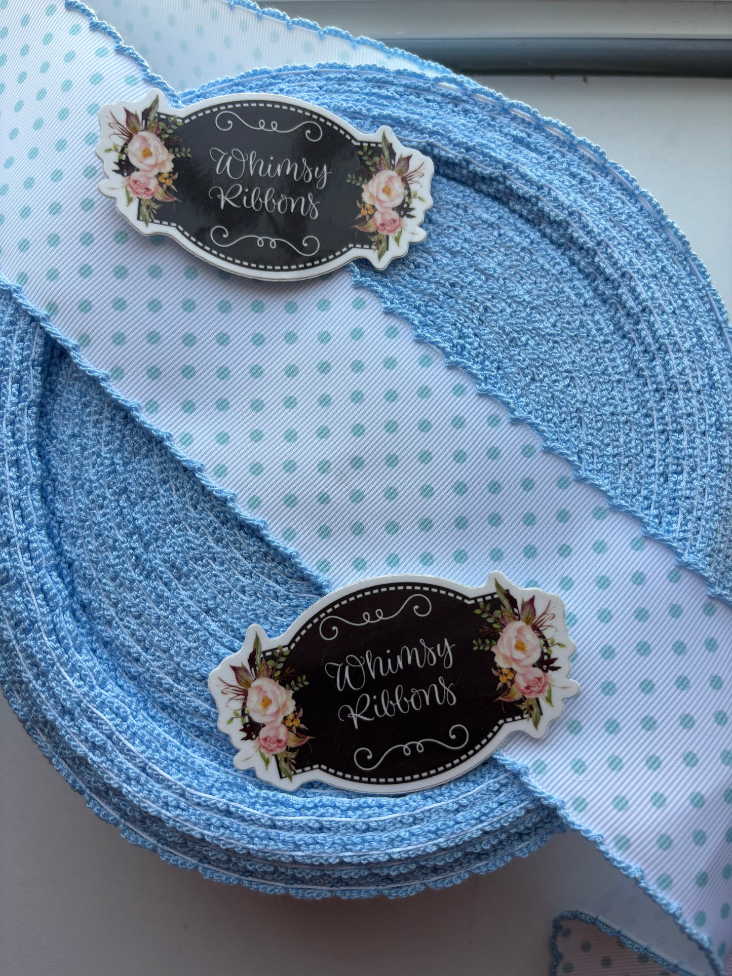 2 INCH AQUA DOTS W FRENCH BLUE STITCHING