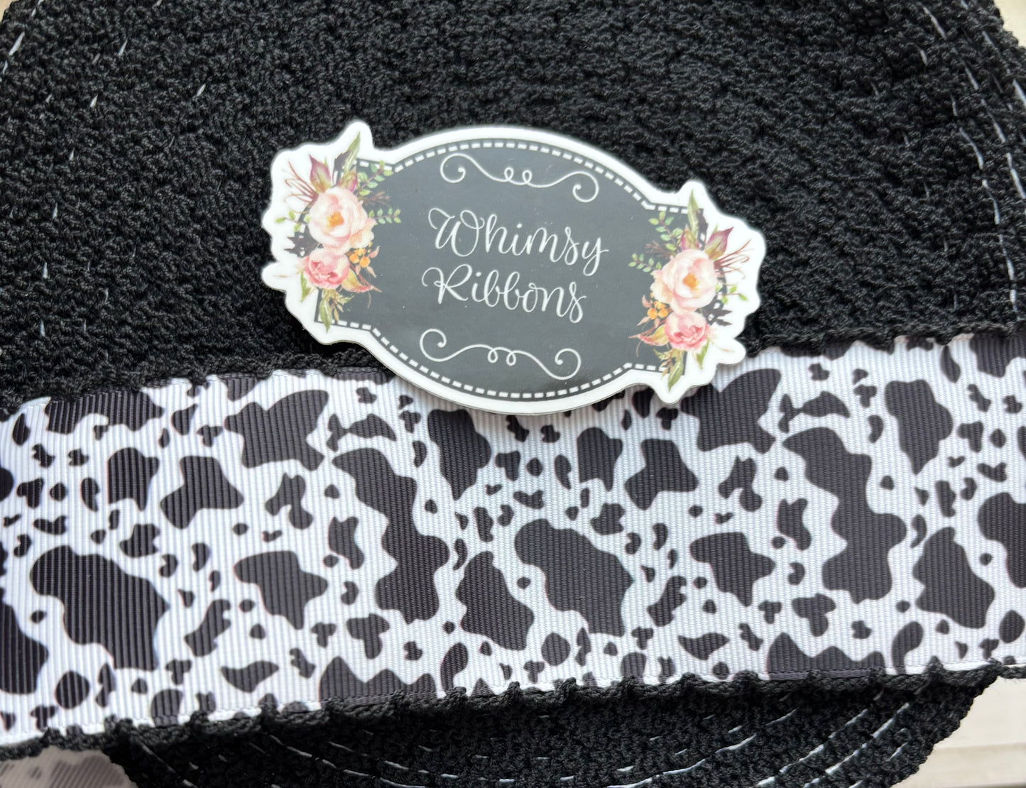 2 INCH COW PRINT W BLACK STITCHING MOONSTITCH RIBBON -1 yard