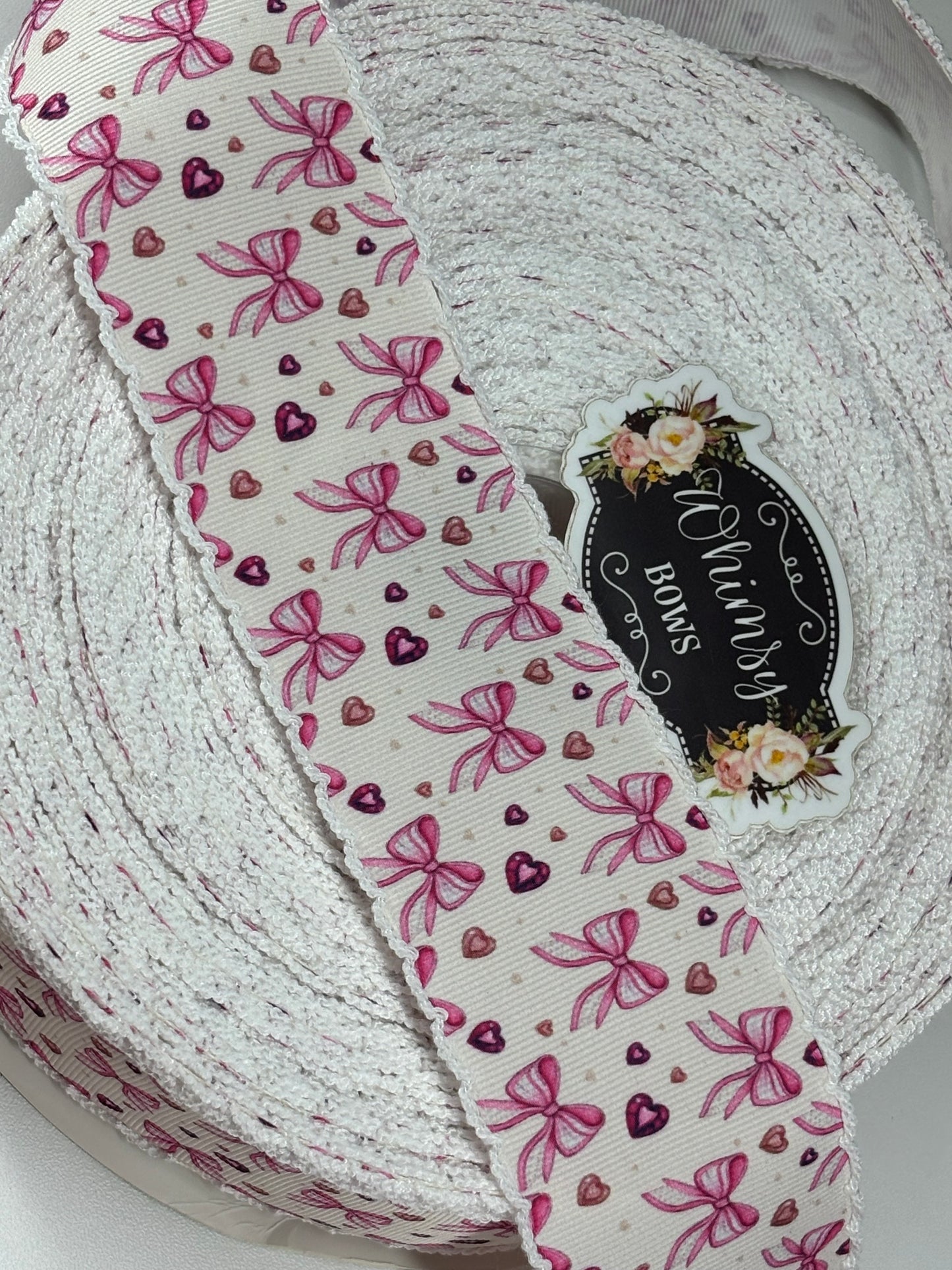 2 INCH PINK BOWS WITH WHITE STITCHING MOONSTITCH RIBBON