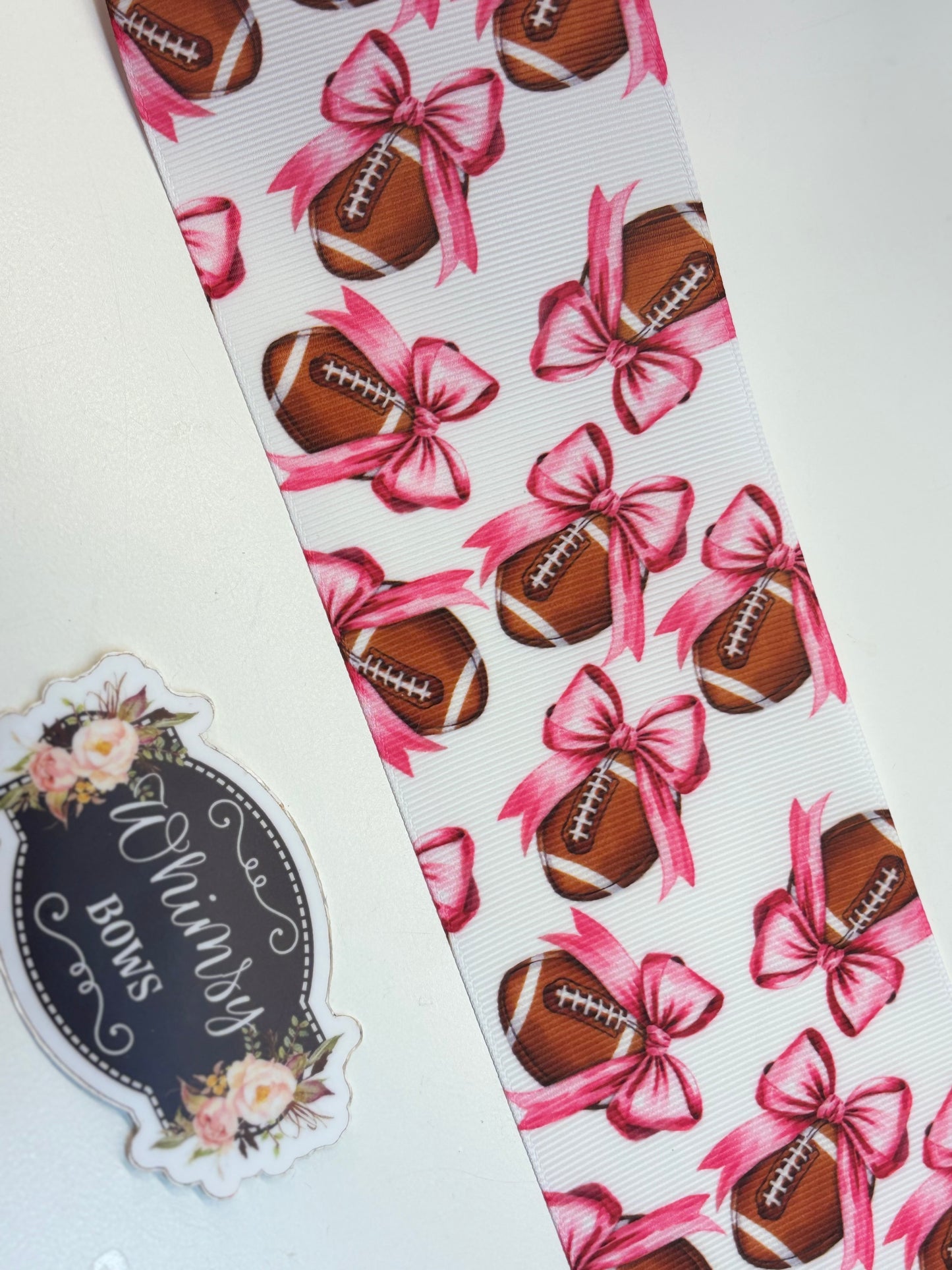 FOOTBALLS WITH PINK BOWS 3 inch GROSGRAIN RIBBON