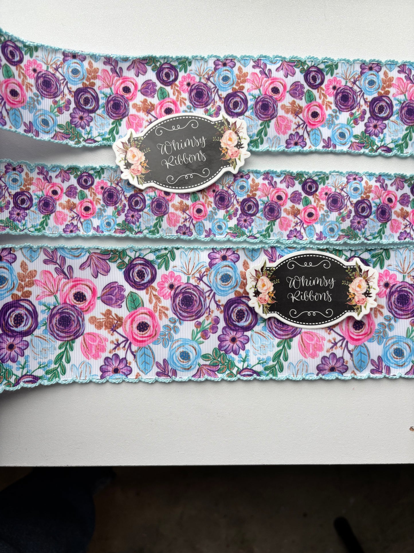 1.5 INCH FLORAL W LIGHT BLUE STITCHING RIBBON -1 yard