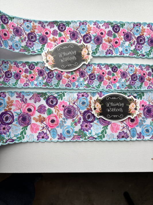 1.5 INCH FLORAL W LIGHT BLUE STITCHING RIBBON -1 yard