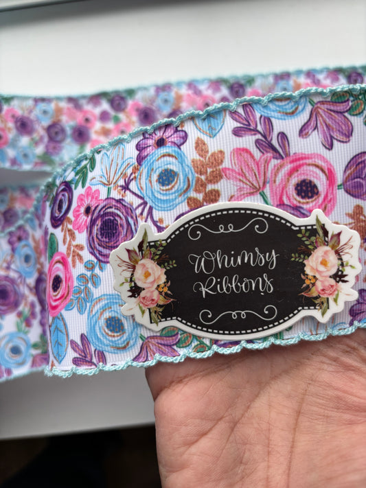 3 INCH - FLORAL WITH LIGHT BLUE MOONSTITCH RIBBON