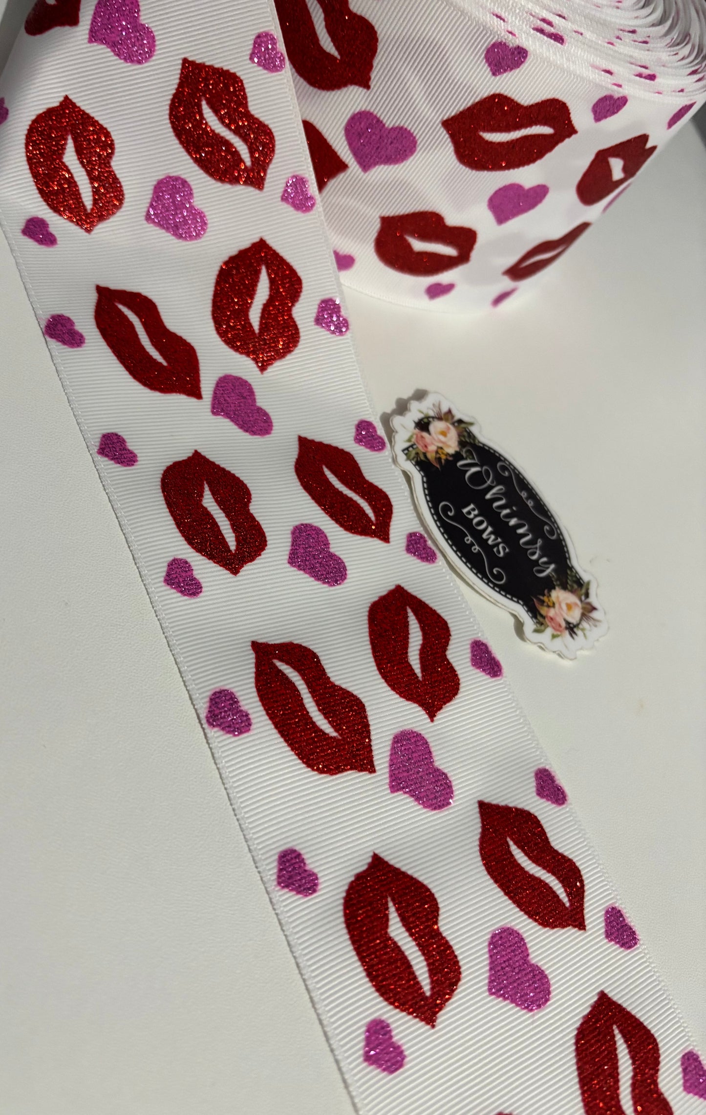 LIPS HEARTS GLITTER 3INCH RIBBON