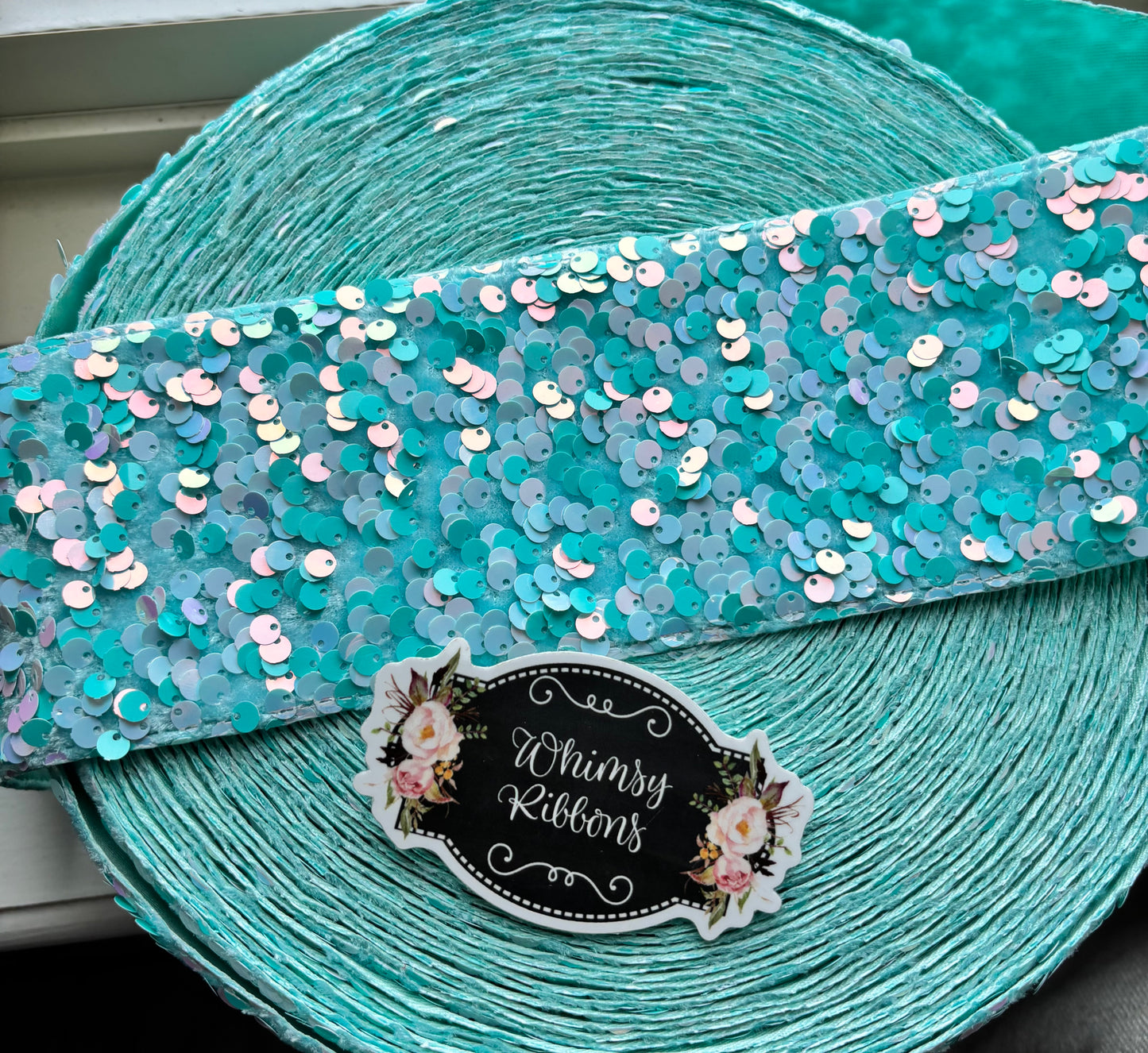 3 INCH AQUA WITH AB WHITE TONES SEQUIN - 1 yard - 36 inches ***