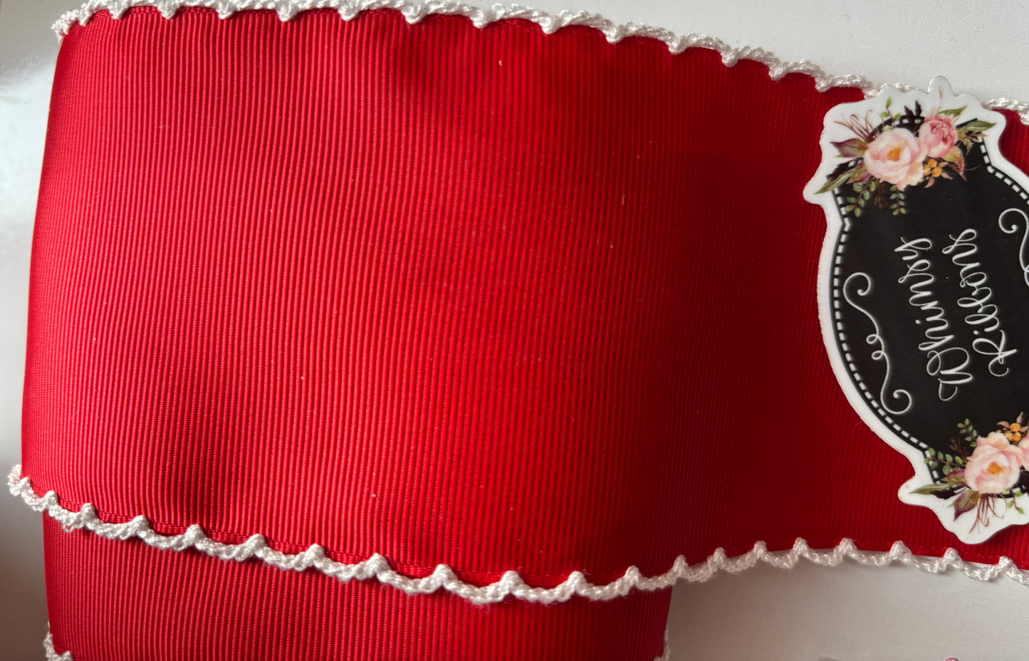 2.25 IN RED W WHITE MOONSTITCH ribbon - 1 yard cut