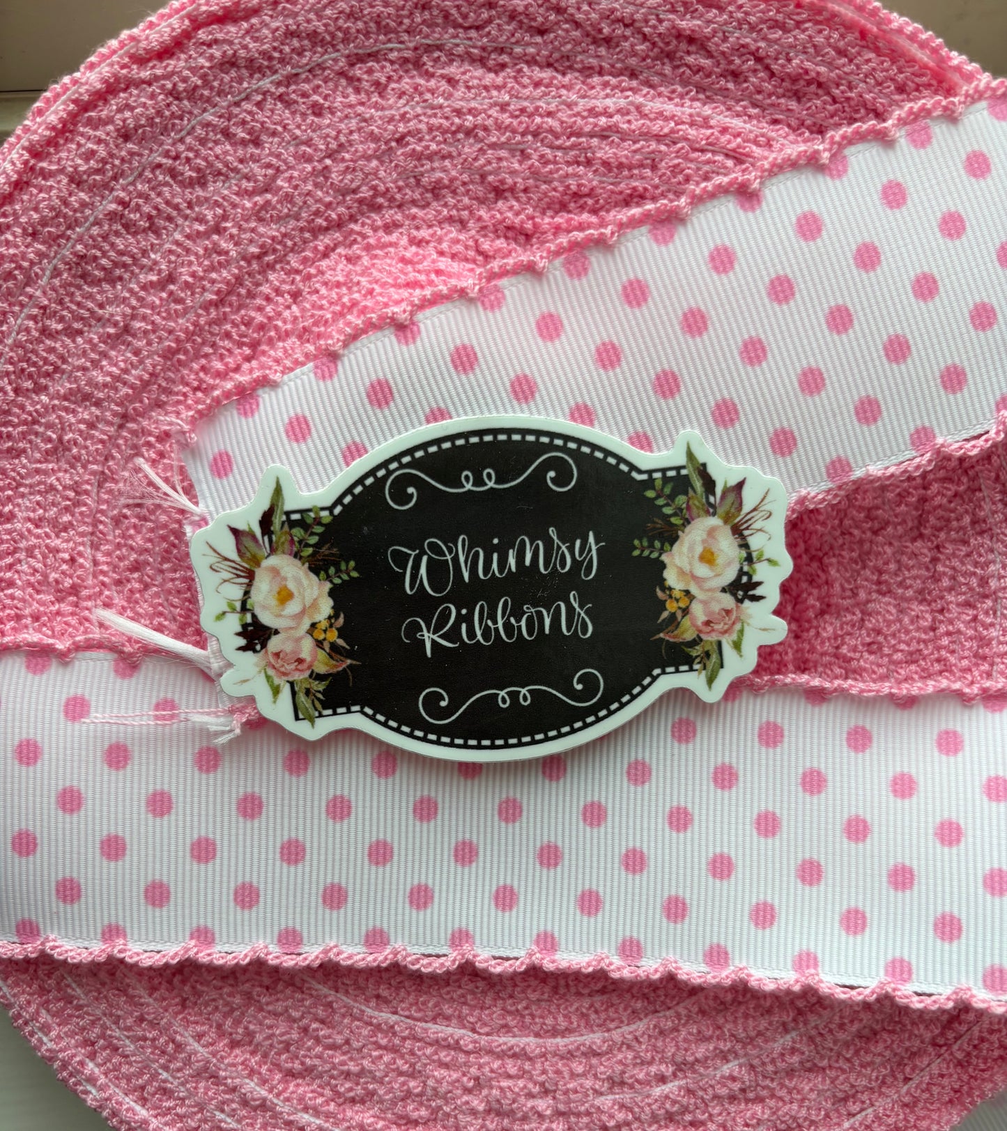 1.5 INCH PINK POLKA DOTS PRINTED WITH GERANIUM PINK STITCH RIBBON -1 yard