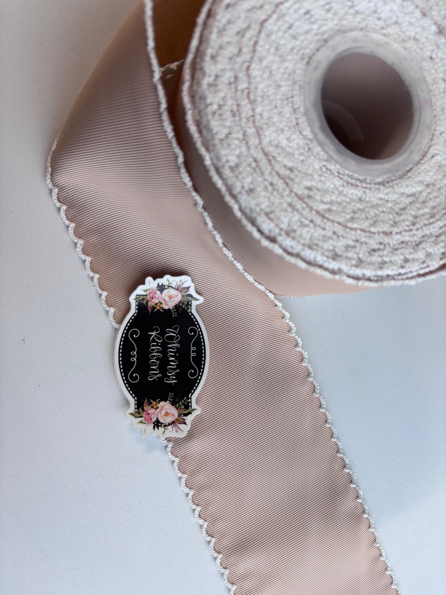 2.25 INCH TAN W WHITE MOONSTITCH ribbon - 1 yard cut