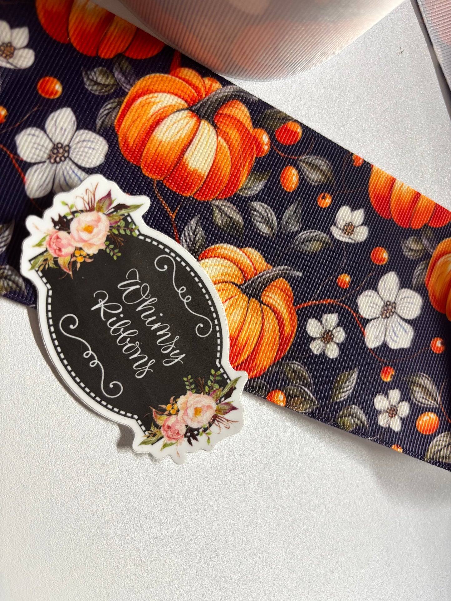 FALL PUMPKINS ON NAVY 3 INCH ORANGE RIBBON