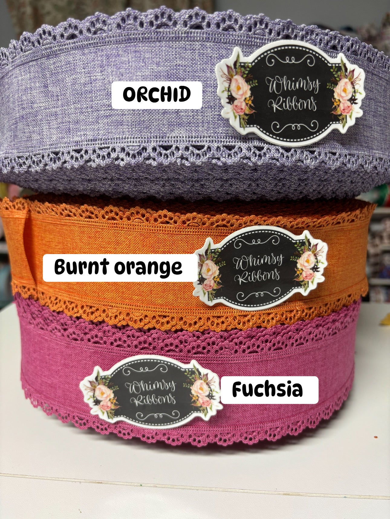 2.5 inch SCALLOPED LACE FUCHSIA RIBBON NO WIRE