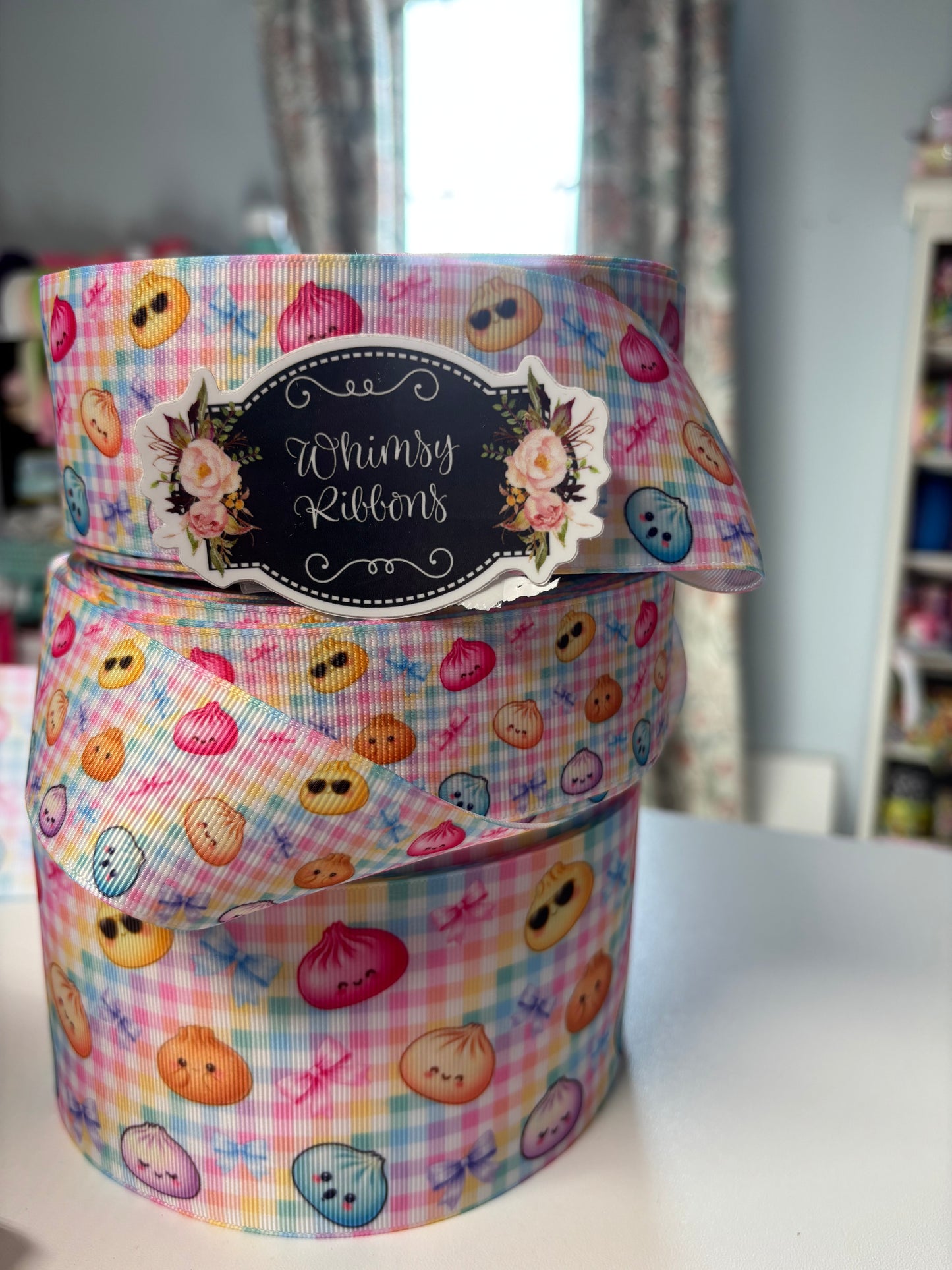 3 INCH -DUMPLINGS ON PLAID BACKGROUND RIBBON - -1 YARD