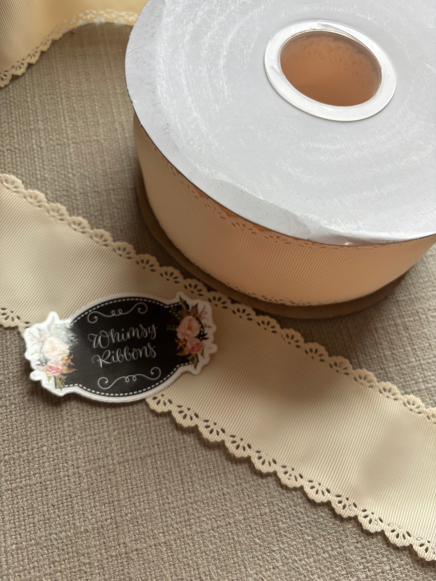 2.25 inch CREAM SOLID GROSGRAIN EYELET SCALLOPED TRIM RIBBON