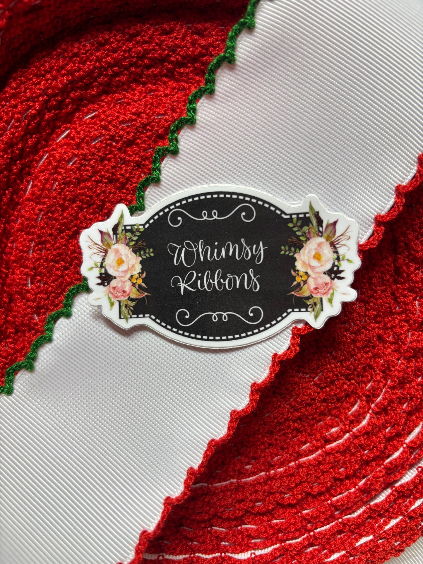 2.25 inch WHITE W RED AND GREEN MOONSTITCH ribbon - 1 yard cut