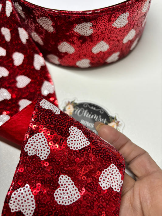 3 INCH SEQUIN WHITE HEARTS ON RED