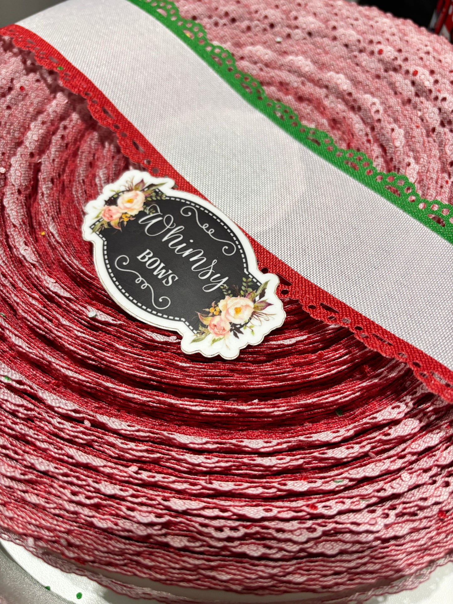 2.5 inch SCALLOPED LACE RIBBON WHITE W RED AND GREEN TRIM NO WIRE