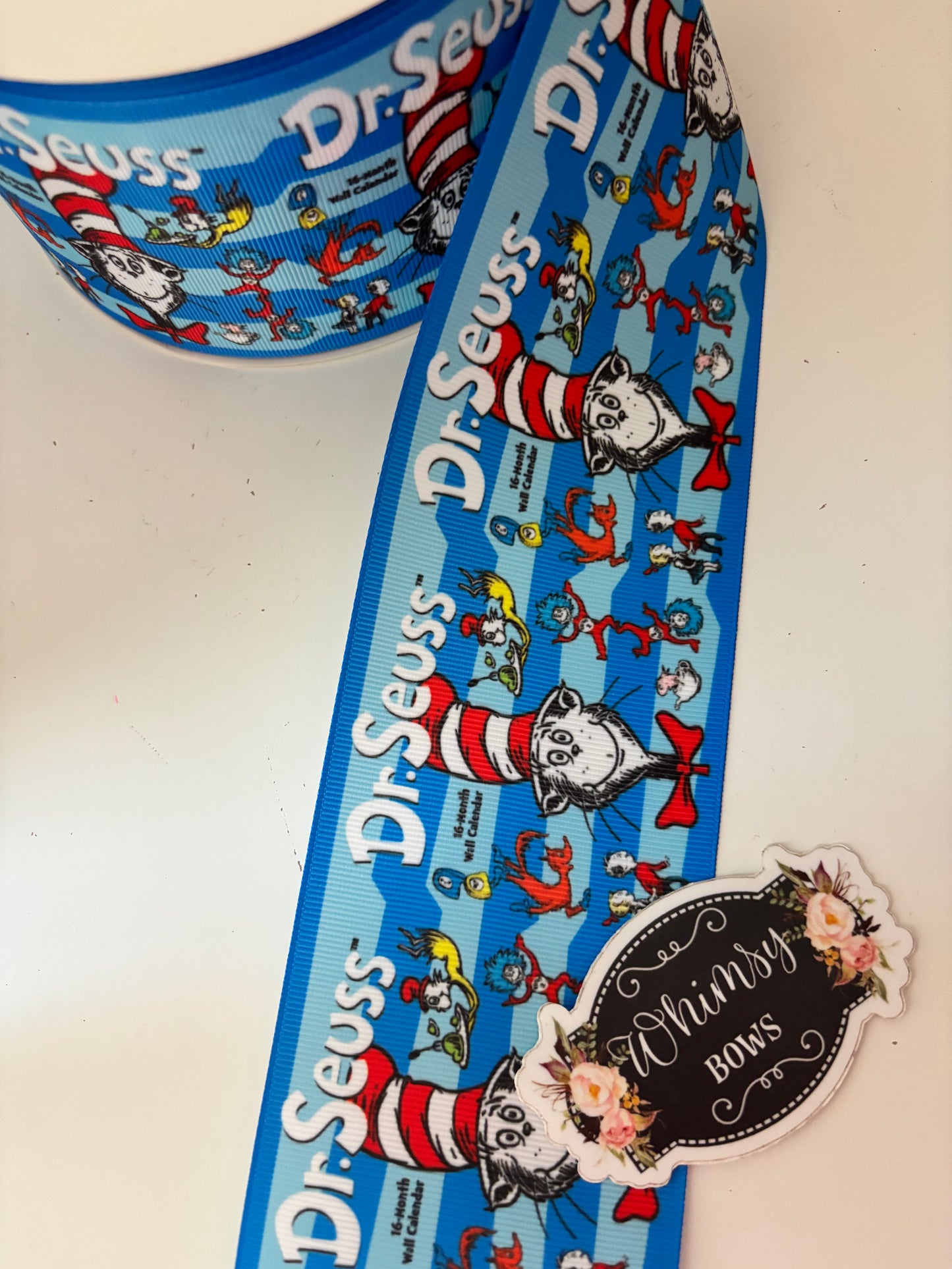 CAT IN THE HAT - DR SEUSS ON BLUE 2 inch ribbon