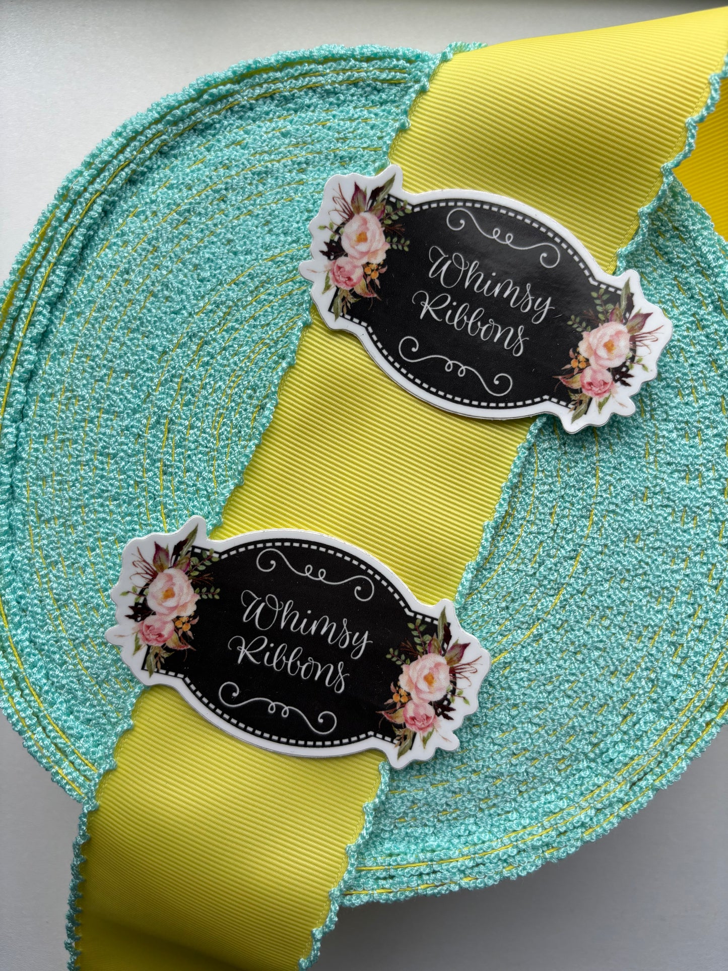 1.5  YELLOW WITH AQUA  stitching ribbon
