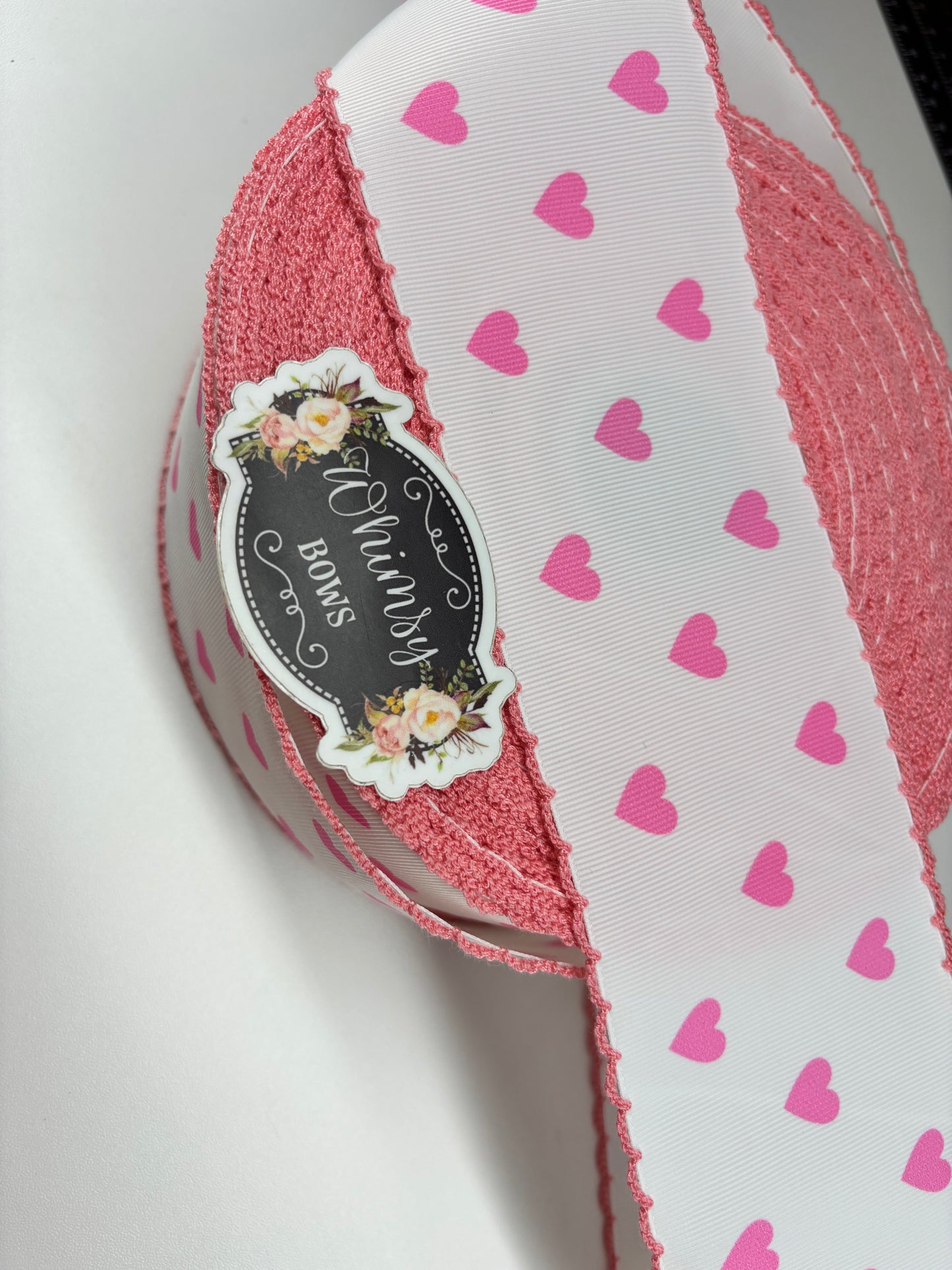 2 INCH PINK HEARTS WITH PINK STITCHING MOONSTITCH RIBBON