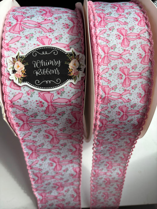 1.5 INCH PINK BOWS W PINK STITCHING  W RED STITCHING  RIBBON -1 yard