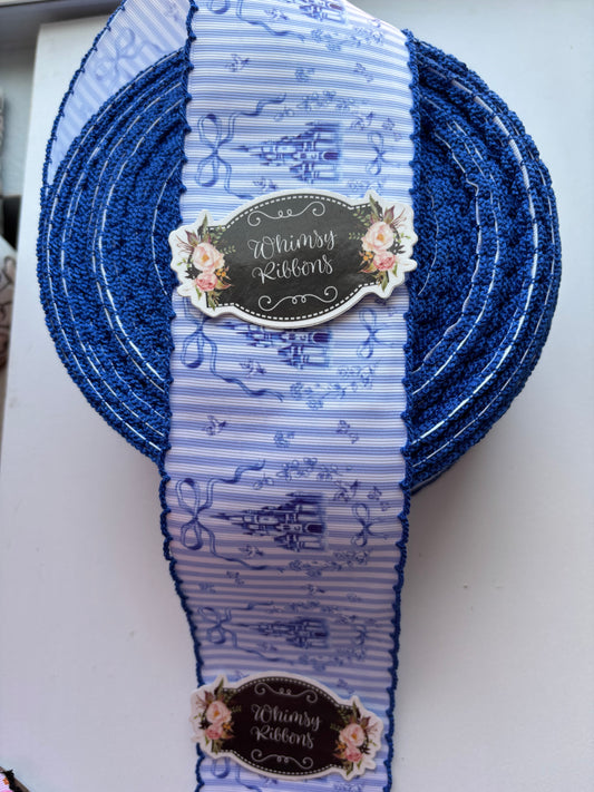 1.5 INCH PRINCESS CASTLE W ROYAL BLUE STITCHING  RIBBON -1 yard