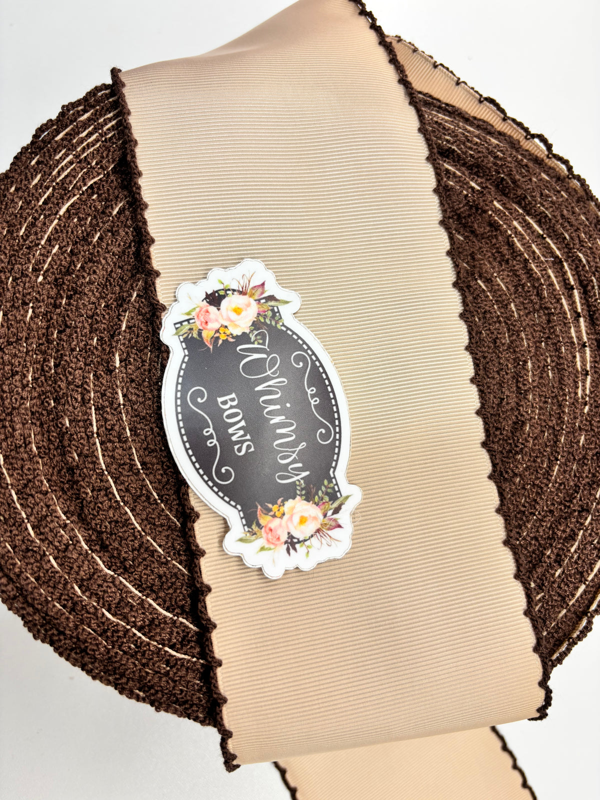 Tan Ribbon Branded 3 INCH TAN WITH BROWN MOON STITCH TRIM RIBBON – Whimsy Ribbons and Bows