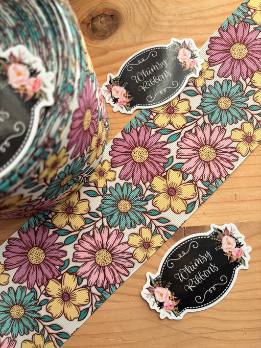 2 INCH - FLORAL W ORCHID & YELLOW PRINT - 1 yard