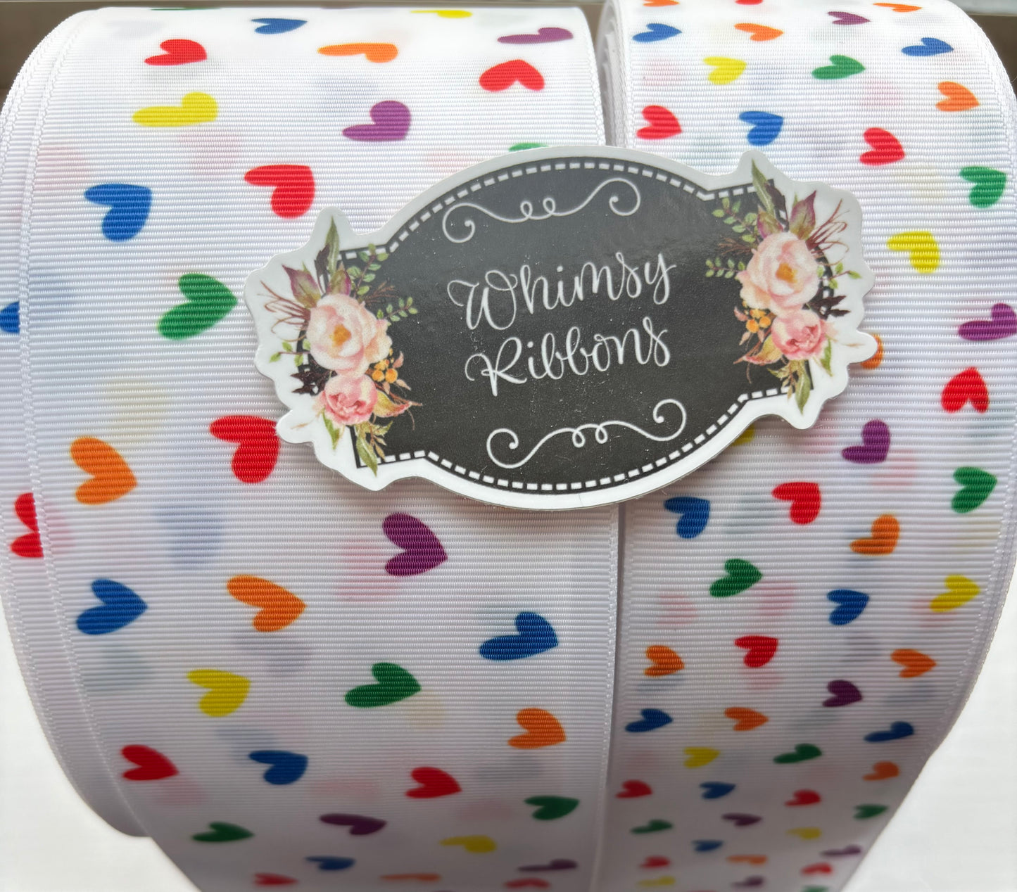 3  INCH - HEARTS ON WHITE RIBBON -1 YARD   SALE
