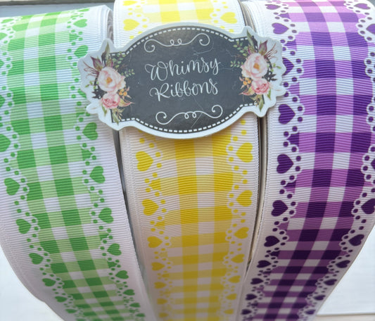 1.5  INCH HEARTS PLAID GREEN  TONES RIBBON