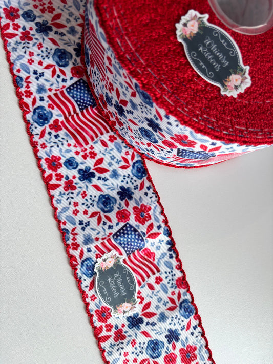2 INCH FLAG - FOURTH OF JULY WITH RED STITCHING MOONSTITCH RIBBON