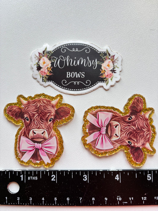 COW W PINK BOW LARGE GLITTER RESIN