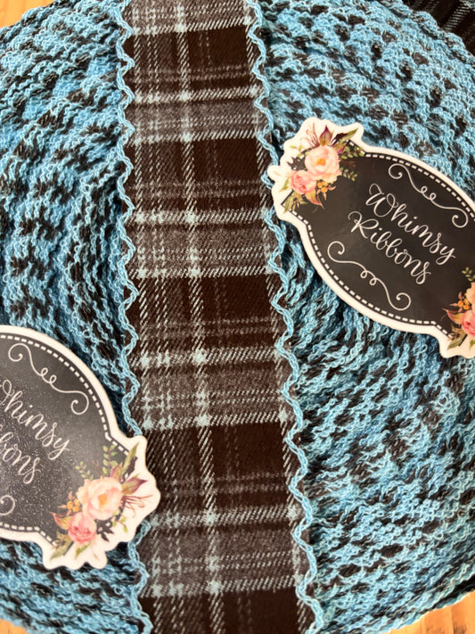 1.5 INCH SOFT PLAID PRINT  WITH BLUE STITCHING   RIBBON -1 yard