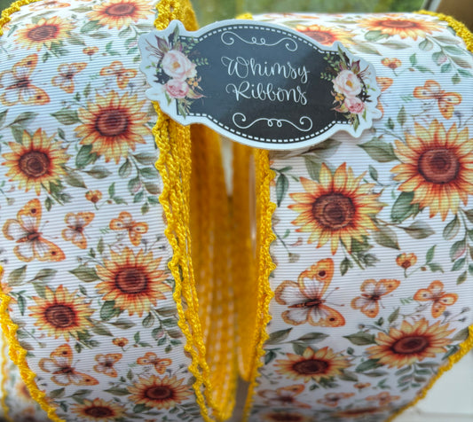 2 INCH  SUNFLOWERS  W YELLOW   STITCHING RIBBON -1 yard
