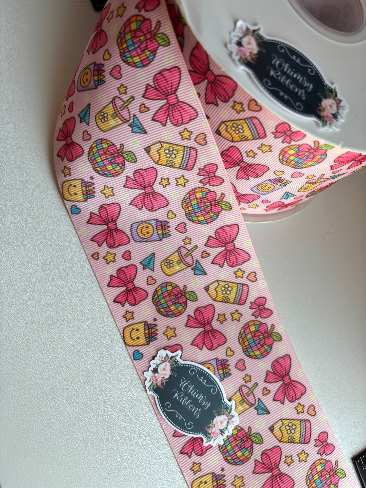 CUTE SCHOOL RIBBON W PINK BOW 2 INCH