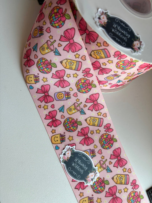 3  INCH SCHOOL SUPPLIES W CUTE PINK BOW