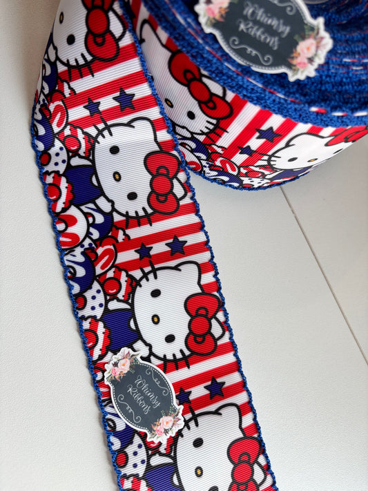 2 INCH H KITTY FOURTH OF JULY WITH BLUE  STITCHING MOONSTITCH RIBBON