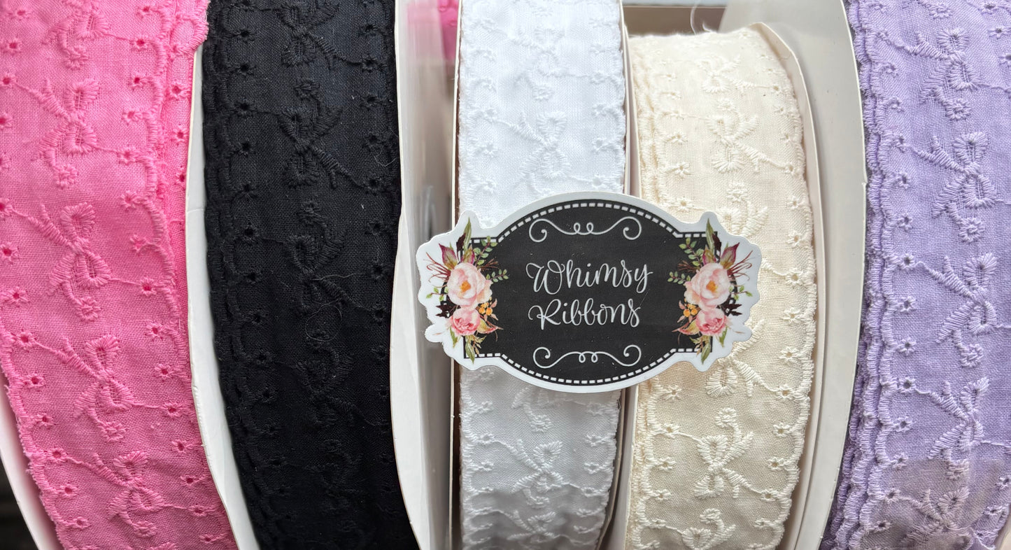 1.5 INCH CREAM BOWS ON EYELET MATERIAL   -RIBBON -1 yard