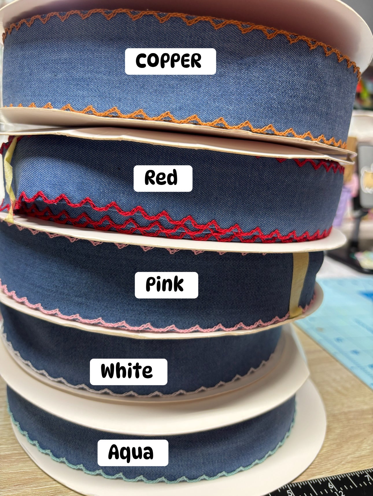 1.5 INCH DENIM W AQUA STITCHING    RIBBON -1 yard