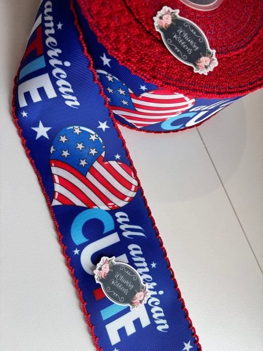 2 INCH ALL AMERICAN CUTIE - Fourth of July  WITH RED STITCHING MOONSTITCH RIBBON