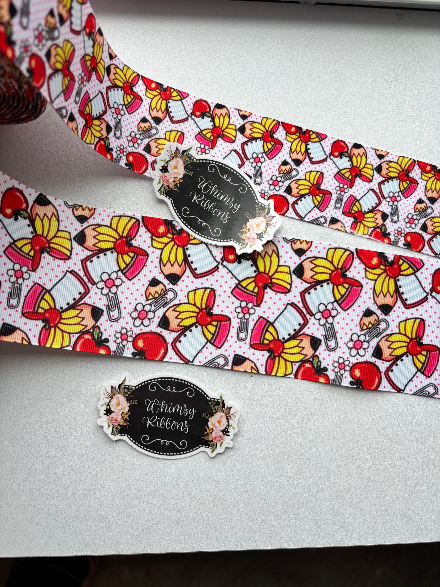 2 INCH - PENCIL BOW W CLIP PRINT   - 1 yard