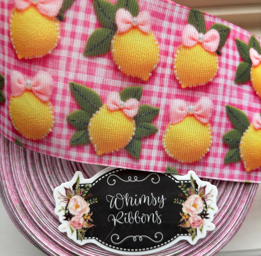 2 INCH - LEMONS ON PINK GINGHAM PRINT   - 1 yard