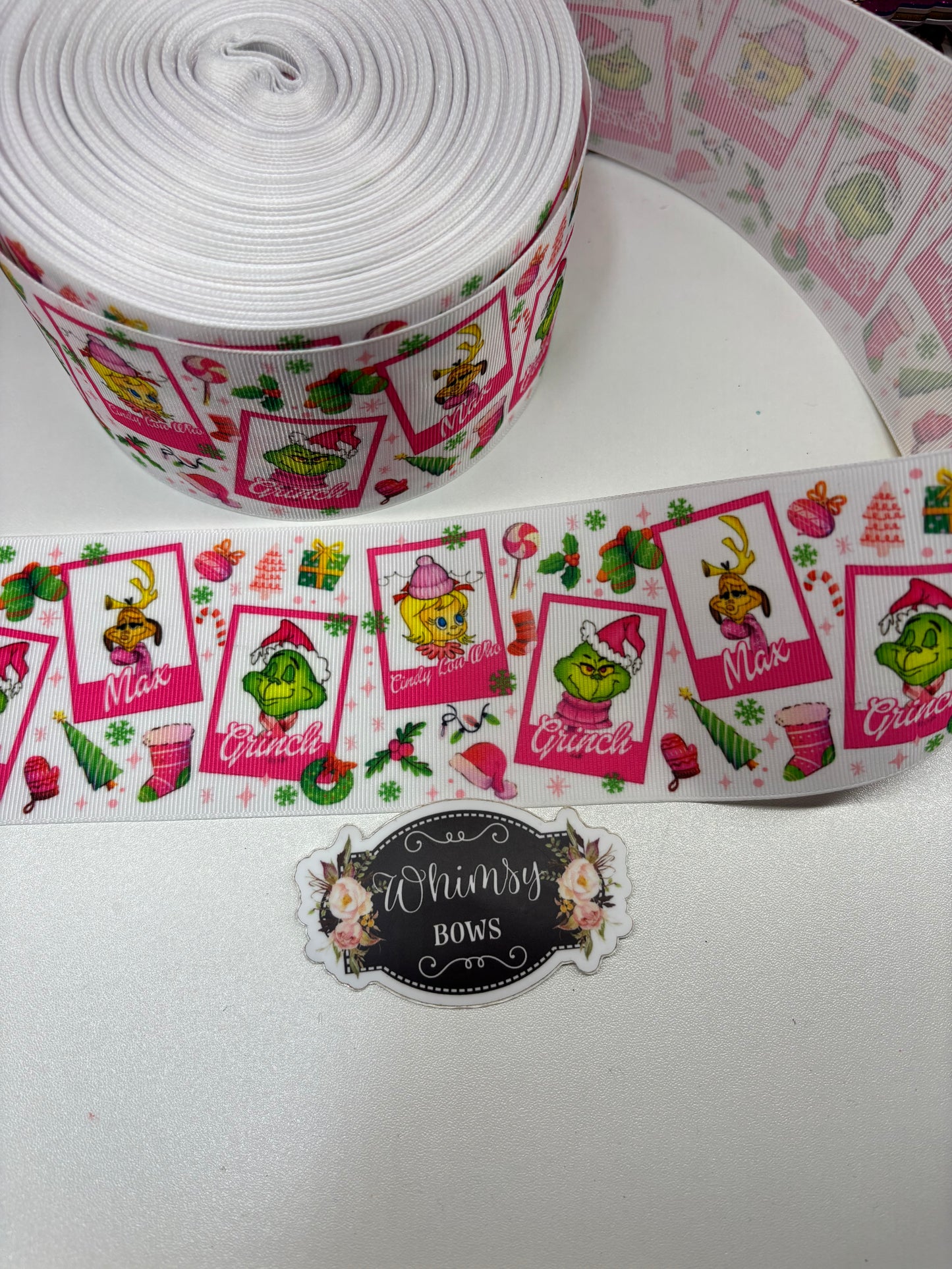 GRINCH CHRISTMAS HOLIDAY  PINK TONES 3 inch GROSGRAIN RIBBON