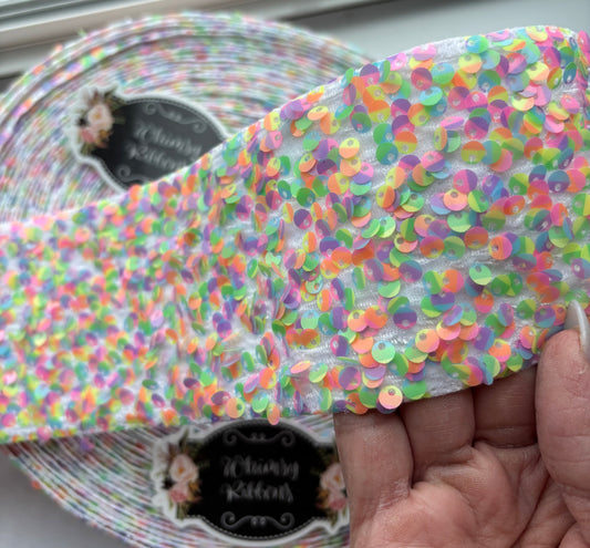 3 INCH WHITE W NEON PINK ORANGE AND LIME SEQUIN  - 1 yard - 36  inches ***