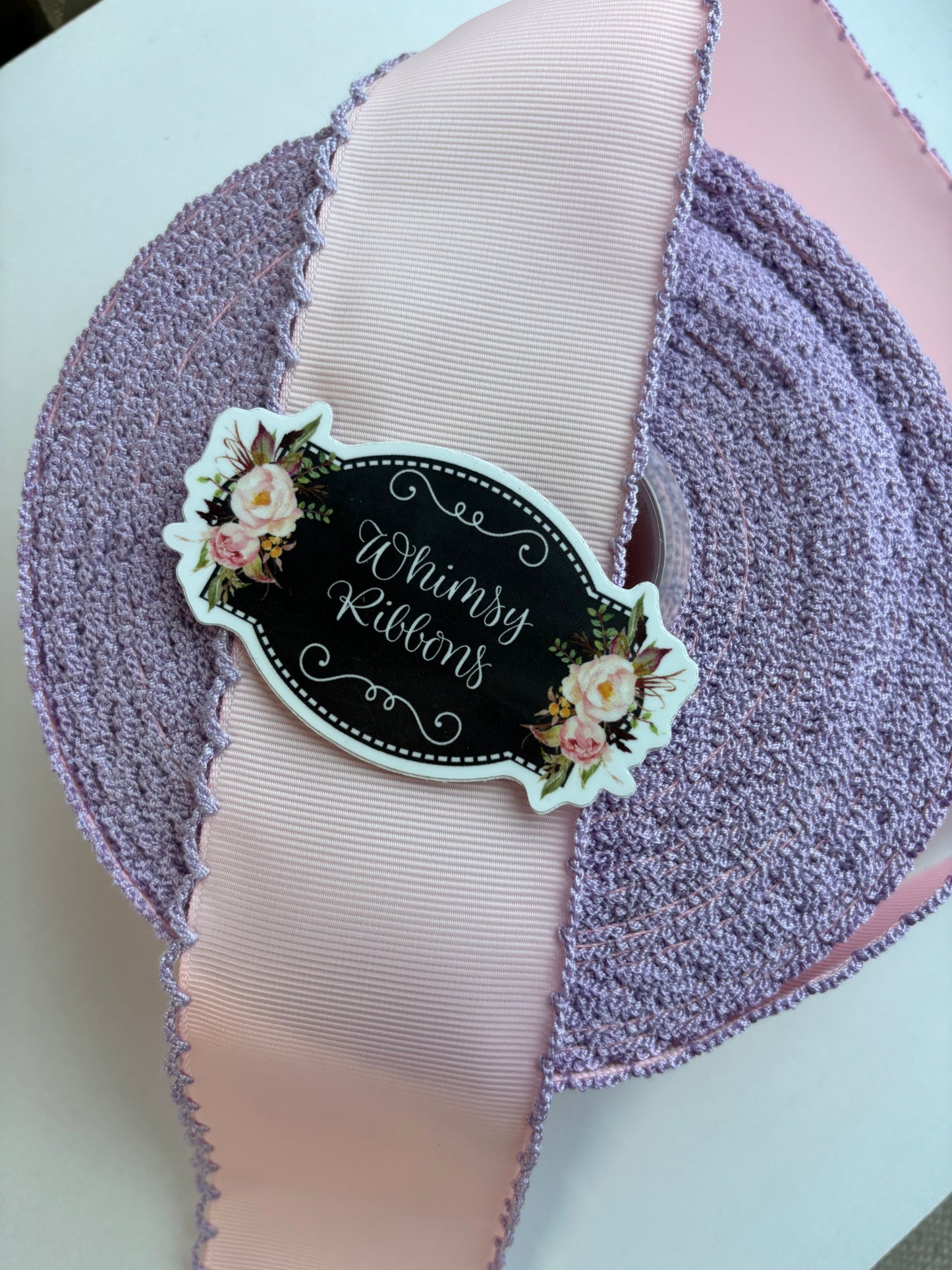 2.25 INCH LIGHT PINK W LIGHT ORCHID MOONSTITCH ribbon - 1 yard cut